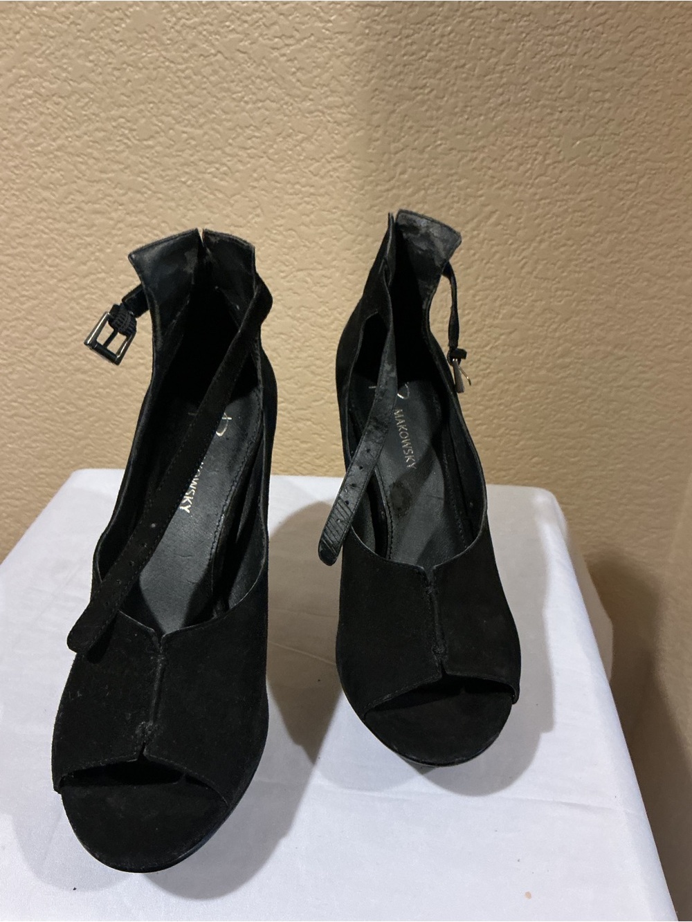 Black Peep-Toe Ankle Strap Heels - Unbranded